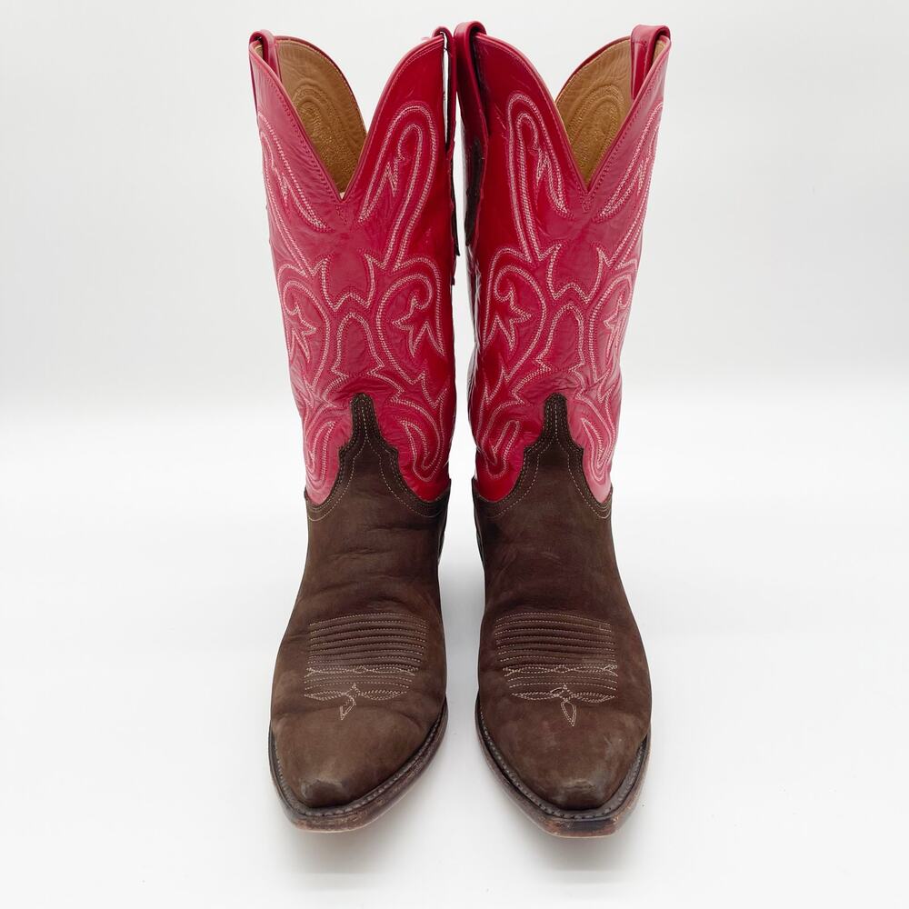 Lucchese Women’s 10 Brown Suede Red Leather Colorblock Snip Toe Cowgirl Boots - Picture 5 of 11